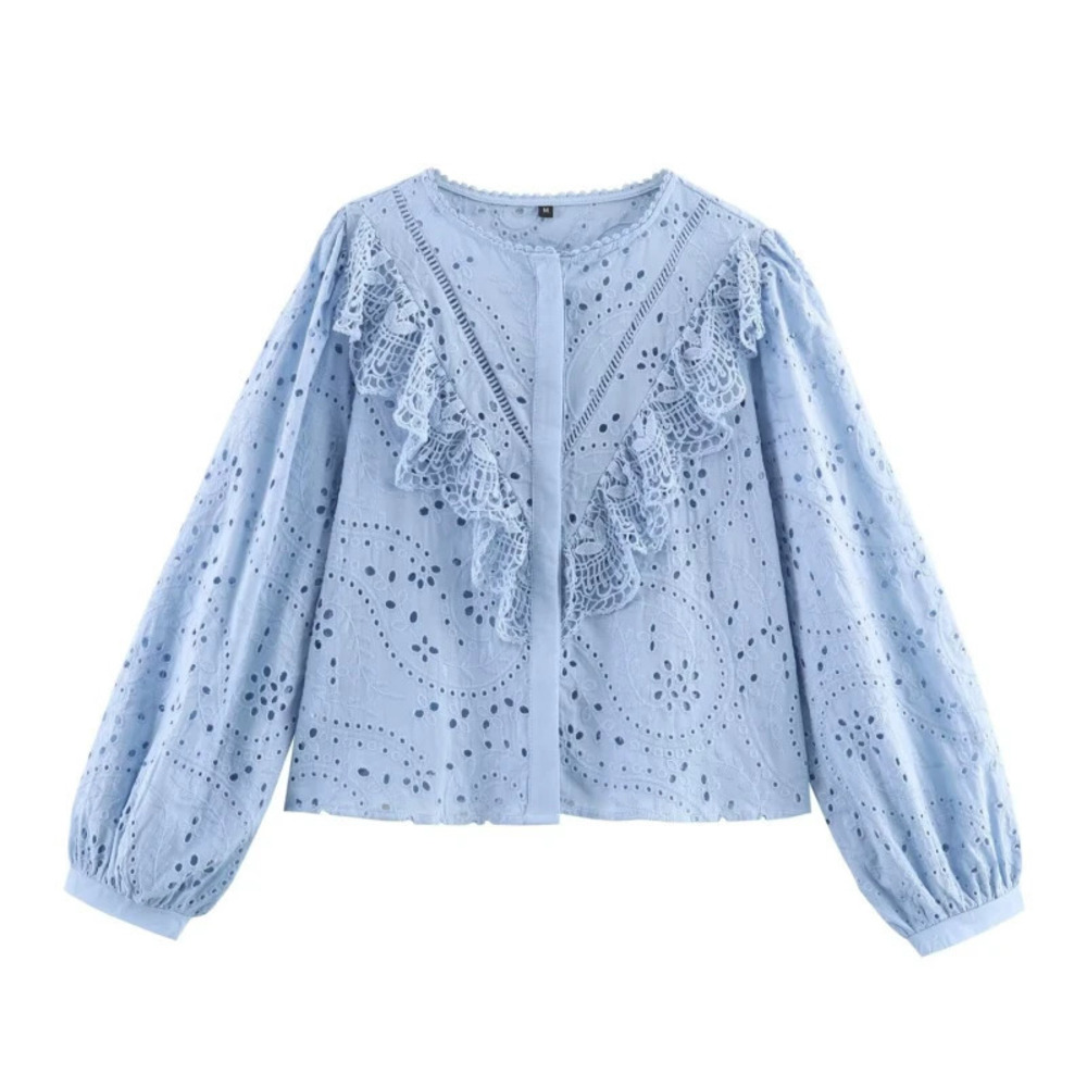 ZARA Round Neck Cutwork Embroidery Blouse Soft Temperament